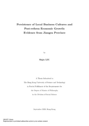 Persistence of local business cultures and post-reform economic growth : evidence from Jiangsu province