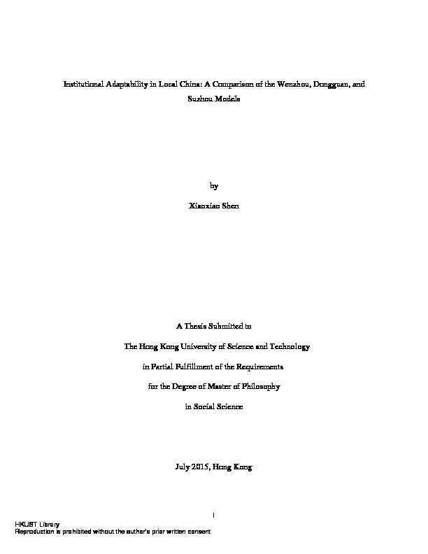 Institutional adaptability in local China : a comparison of the Wenzhou, Dongguan, and Suzhou models
